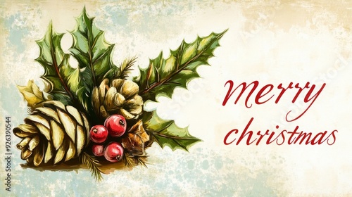 Vintage Merry Christmas Card with Holly and Snowflakes