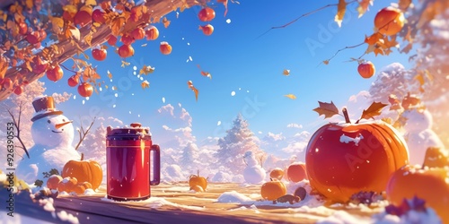 Fototapeta Naklejka Na Ścianę i Meble -  Whimsical Winter Wonderland: Anime-Style 4K Scene with Cozy Elements. Thermos, Pumpkin Lantern, Apple on Wooden Table Against Snowy Backdrop. Perfect for Christmas, Halloween, and 2025 Winter Marketin