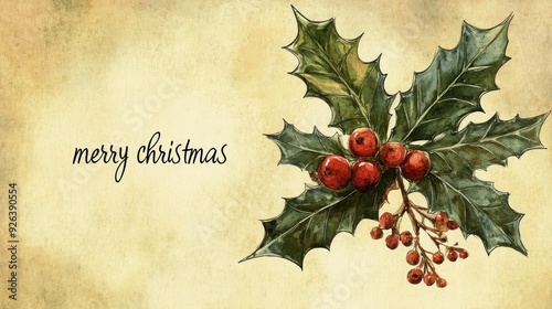Vintage Merry Christmas Card with Holly and Snowflakes