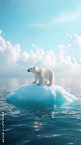 A polar bear surveys its surroundings while perched on a floating iceberg in tranquil Arctic waters