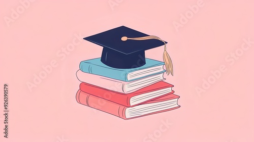 graduation cap and books on a pink background