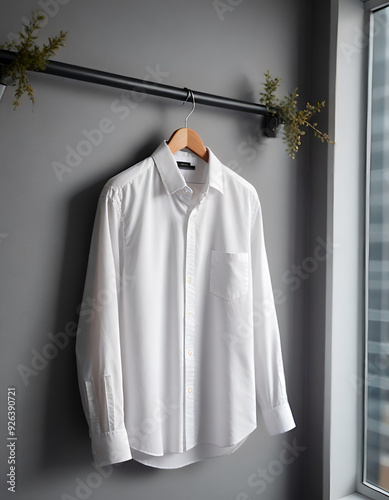 White Dress Shirt on Hanger with Industrial Rail and Greenery Generative AI