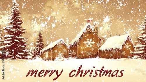 Retro Merry Christmas Card with Snowy Cottage in Winter Wonderland