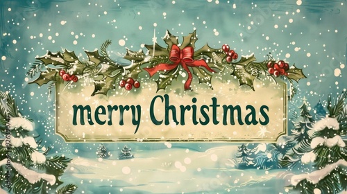 Vintage Merry Christmas Card with Holly and Snowflakes