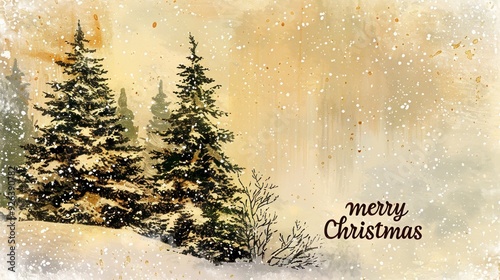 Retro Merry Christmas Card with Snowy Christmas Tree and Snowflakes