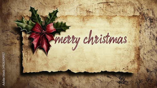 Vintage Merry Christmas Card with Holly and Snowflakes