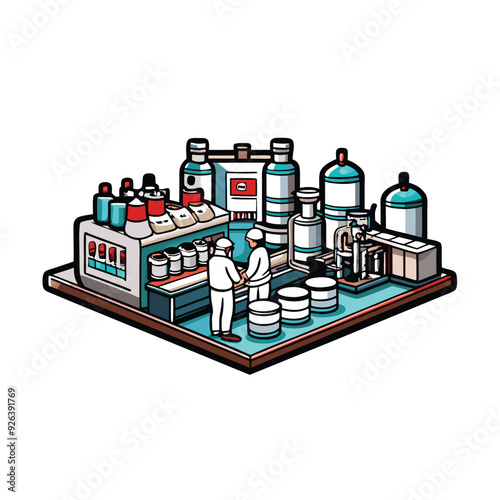 Isometric illustration of a pharmaceutical manufacturing facility.