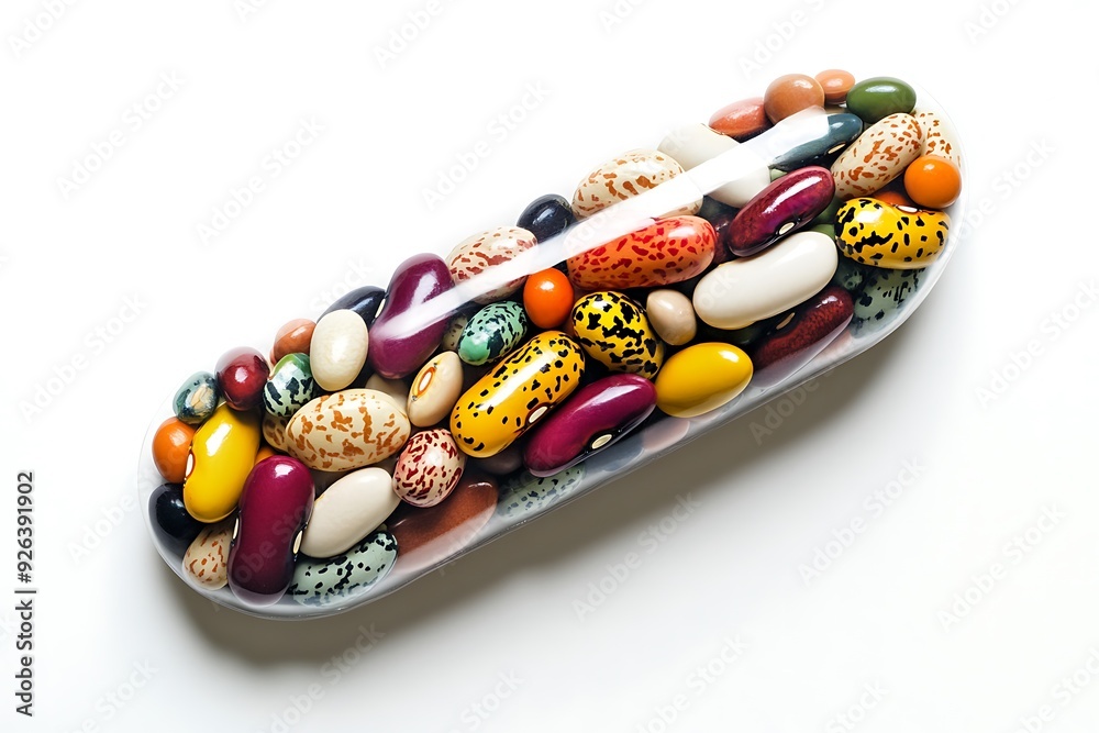 A single large capsule filled with a colorful assortment of beans and legumes, placed on a stark white background A single large capsule filled with a colorful assortment of beans and legumes, placed on a stark white background