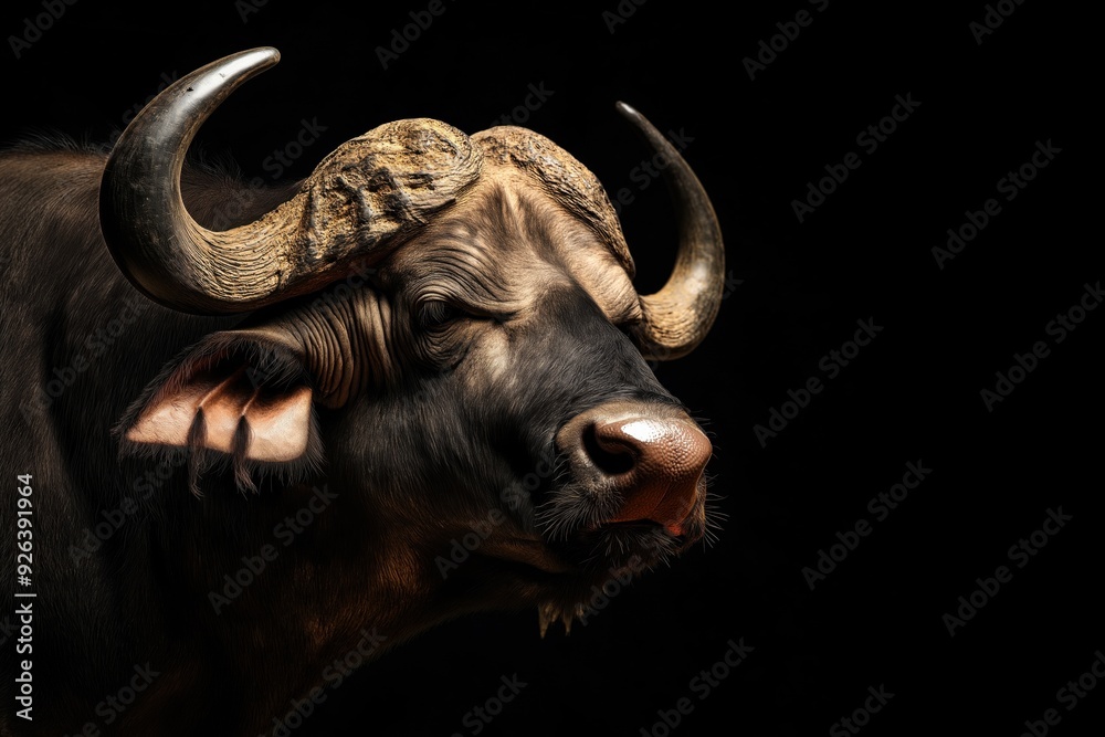 Photo of a buffalo isolated against a black background, emphasising the buffalo's majestic features. Wildlife and conservation concept, space for copy. Photo of a buffalo isolated against a black background, emphasising the buffalo's majestic features. Wildlife and conservation concept, space for copy.