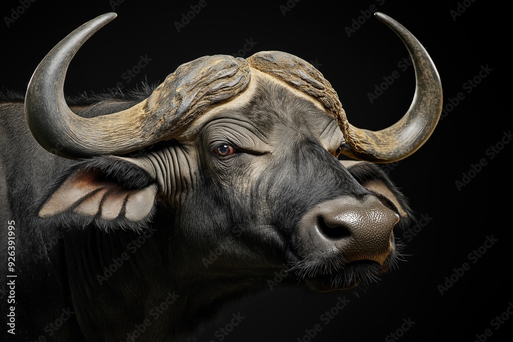 Photo of a buffalo isolated against a black background, emphasising the buffalo's majestic features. Wildlife and conservation concept, space for copy. Photo of a buffalo isolated against a black background, emphasising the buffalo's majestic features. Wildlife and conservation concept, space for copy.