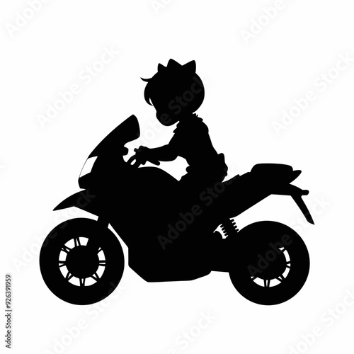 Motorbike with cute baby girl black and white silhouette illustration