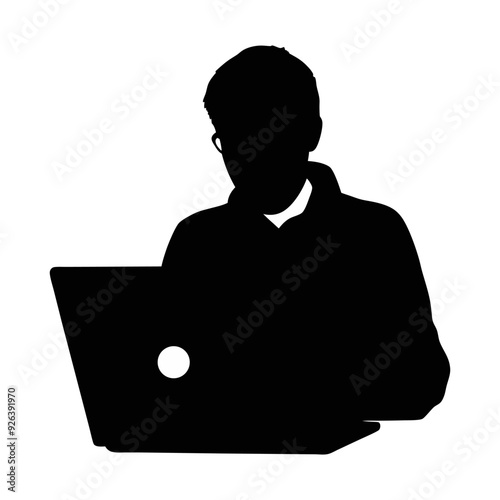 Man with laptop freelancing black and white silhouette illustration