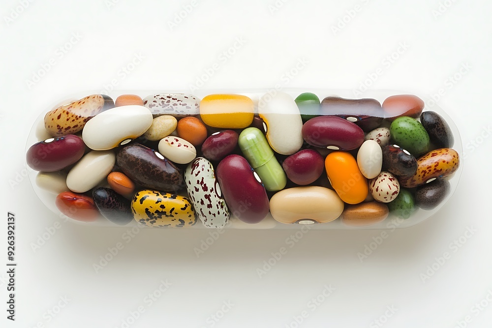 A single large capsule filled with a colorful assortment of beans and legumes, placed on a stark white background A single large capsule filled with a colorful assortment of beans and legumes, placed on a stark white background