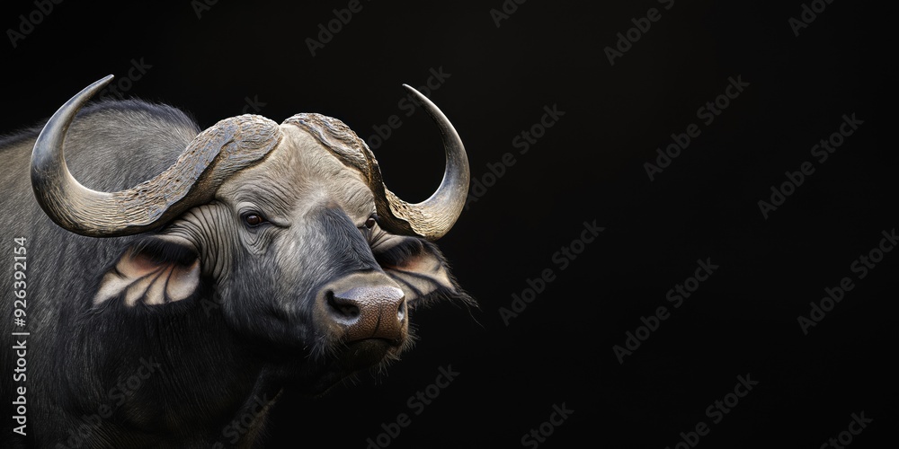 Photo of a buffalo isolated against a black background, emphasising the buffalo's majestic features. Wildlife and conservation concept, space for copy. Photo of a buffalo isolated against a black background, emphasising the buffalo's majestic features. Wildlife and conservation concept, space for copy.