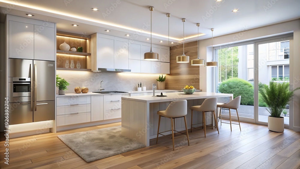 Fototapeta premium minimalist chic defines open-concept kitchen with light hardwood floor as canvas for stainless steel appliances and crisp white cabinets under soft LED lights