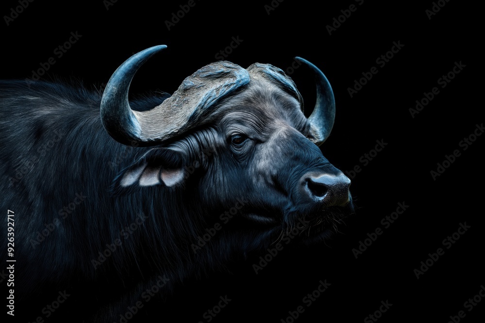 Photo of a buffalo isolated against a black background, emphasising the buffalo's majestic features. Wildlife and conservation concept, space for copy. Photo of a buffalo isolated against a black background, emphasising the buffalo's majestic features. Wildlife and conservation concept, space for copy.