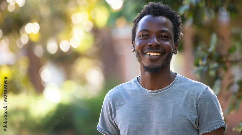 A young Black man smiles broadly while looking at the camera.