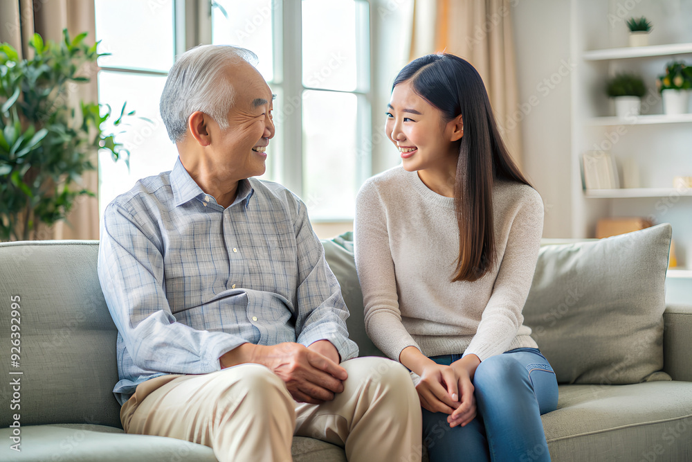 Asian daughter and senior father sitting on couch in living room at home enjoying a pleasant conversation Asian daughter and senior father sitting on couch in living room at home enjoying a pleasant conversation