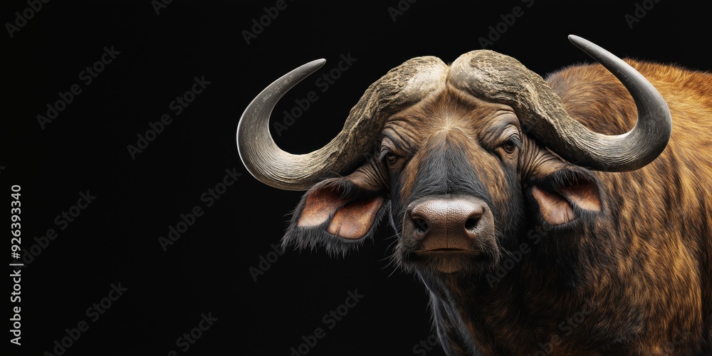 Naklejka premium Photo of a buffalo isolated against a black background, emphasising the buffalo's majestic features. Wildlife and conservation concept, space for copy.