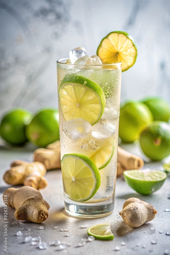 Fototapeta premium Ginger lime soda in a tall glass with ice, fresh lime slices, and ginger root on a light background