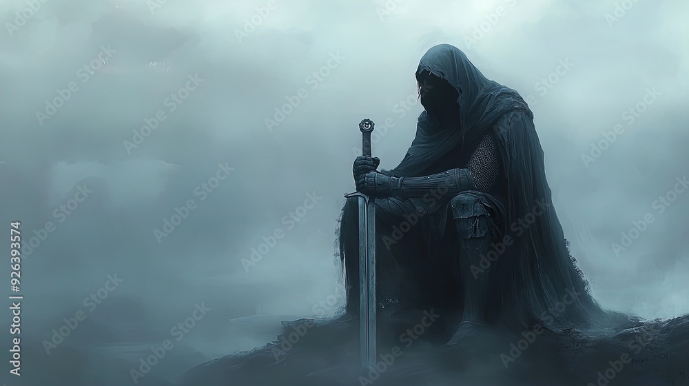 Mystical Guardian: A Hooded Sentinel with Sword in Eerie Mist - Perfect for Unique Sports Interior Poster Design or Inspiring Wall Art Mystical Guardian: A Hooded Sentinel with Sword in Eerie Mist - Perfect for Unique Sports Interior Poster Design or Inspiring Wall Art