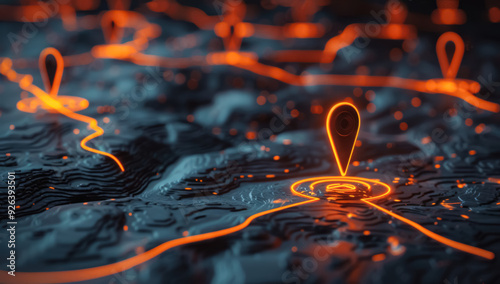 Digital Map with Glowing Location Markers. A futuristic 3D-rendered map with glowing orange location markers and paths, showing technological innovation in navigation and tracking. 