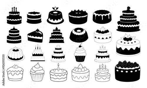 Set of different types of cake silhouette illustration bundle