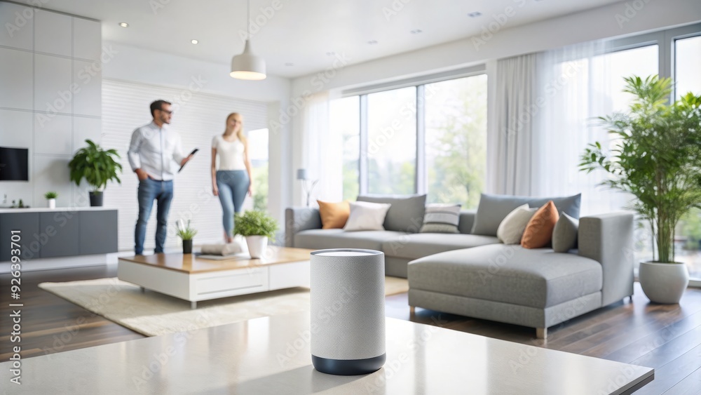Fototapeta premium modern minimalist futuristic white living room interior with smart speaker and Amazon Alexa displaying warm ambient lighting and blurred family background