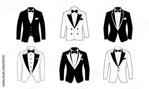 Set of Tuxedo, coat, shot black and white silhouette illustration