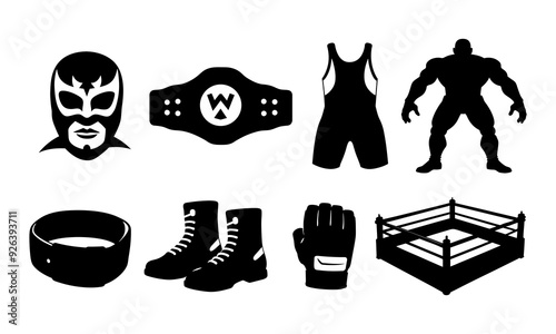 Set of Wrestling elements black and white silhouette illustration