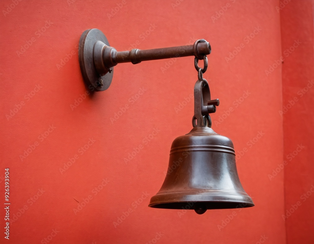 Metal school bell over red wall. Ai generated image. Metal school bell over red wall. Ai generated image.