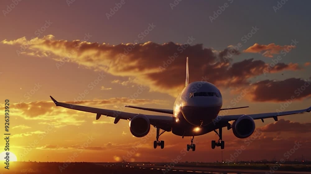 Airplane Landing on Runway at Sunset Airplane Landing on Runway at Sunset