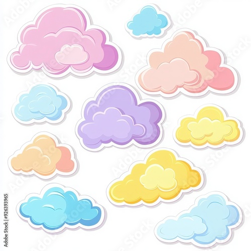 A collection of whimsical, pastel-colored clouds in various shapes and sizes, perfect for backgrounds or creative projects.