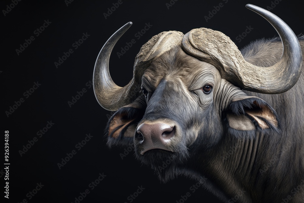 Photo of a buffalo isolated against a black background, emphasising the buffalo's majestic features. Wildlife and conservation concept, space for copy.