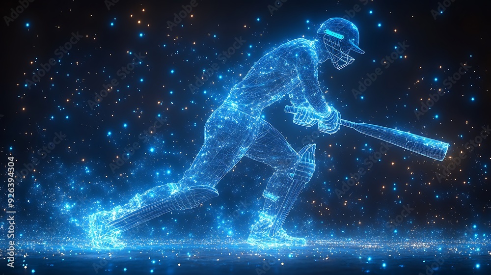 Fototapeta premium Digital blue low poly cricket player with glowing data streams AI in sports analytics, player performance tracking systems, match prediction algorithms, and training programs. wireframe player design