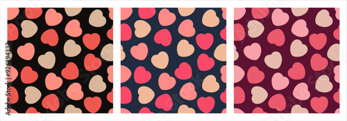 31-32Vector illustrations of repeating heart patterns in three color schemes set on contrasting backgrounds. Perfect for Valentine's designs, gift wraps, romantic themes, or decorative projects