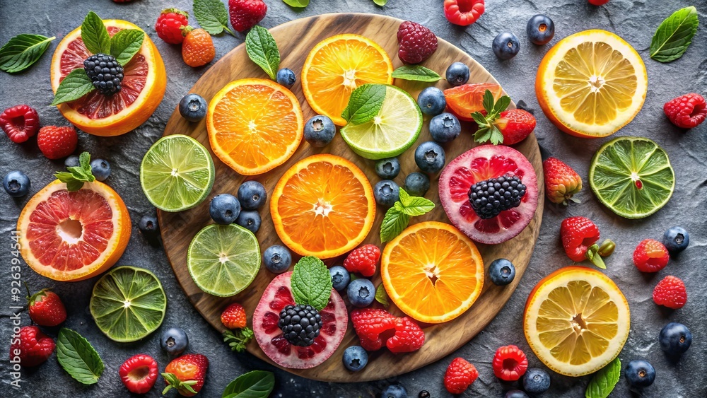 Mood-boosting colors of a refreshing summer snack, such as citrus fruits and berries, arranged artfully on a natural stone kitchen countertop Mood-boosting colors of a refreshing summer snack, such as citrus fruits and berries, arranged artfully on a natural stone kitchen countertop