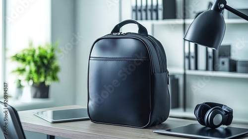 Elevate Your Workspace: Sleek Black Backpack with Tech Gadgets & Modern Desk Setup Perfect for a Minimalist Office Décor Poster