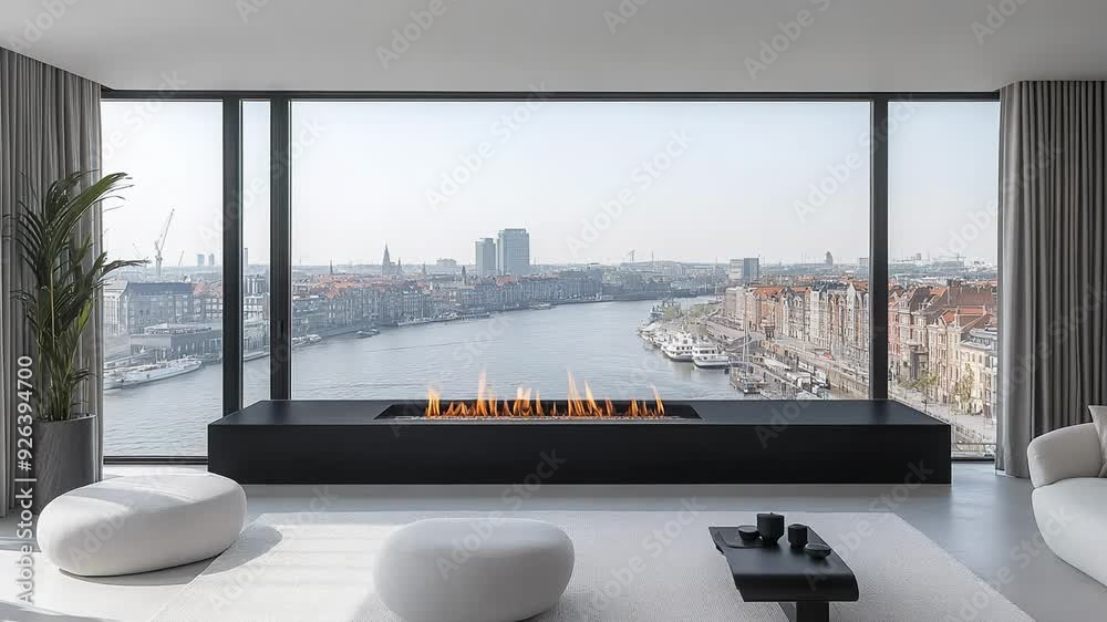A large window overlooks a city with a river running through it. The room is decorated with white furniture and a fireplace
