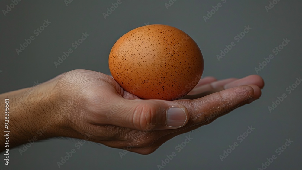 Studio Photography of a Man's Hand Holding an Egg, Balancing It Between Fingertips Against a Neutral Grey Background - Focus on Food, Vitamins, and Protein Studio Photography of a Man's Hand Holding an Egg, Balancing It Between Fingertips Against a Neutral Grey Background - Focus on Food, Vitamins, and Protein