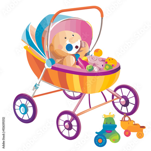 baby, carriage, pram, stroller, vector, child, birthday, illustration, childhood, cartoon, card, buggy, boy, pink, birth, vintage, kid, design, newborn, mother, born, perambulator, art, family, sweet
