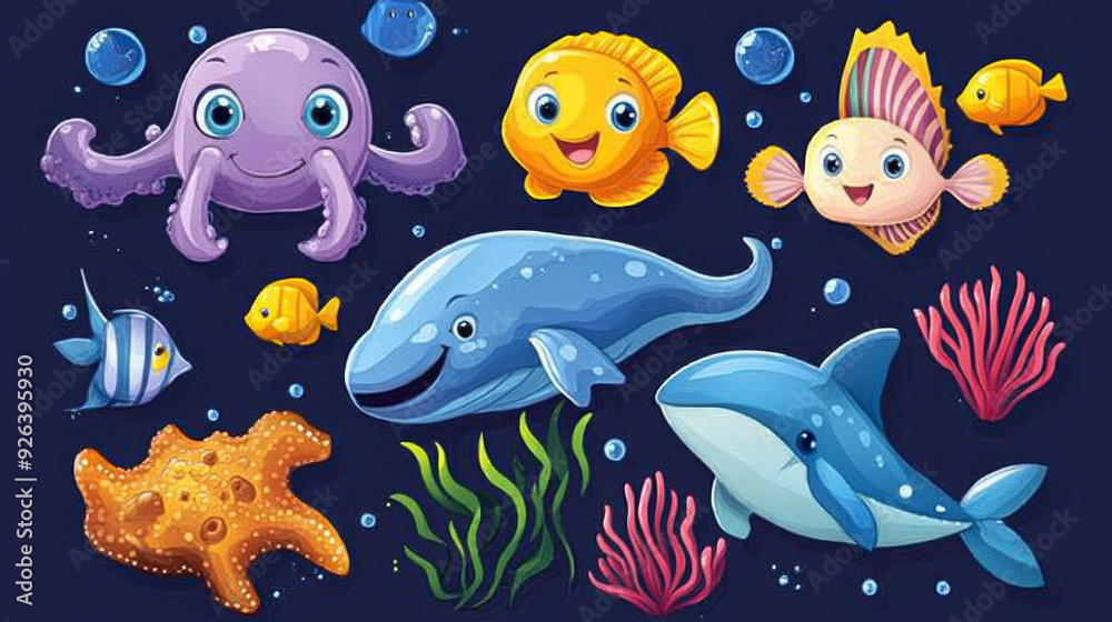 Cute and playful sea creatures in cartoon style. Cute and playful sea creatures in cartoon style.