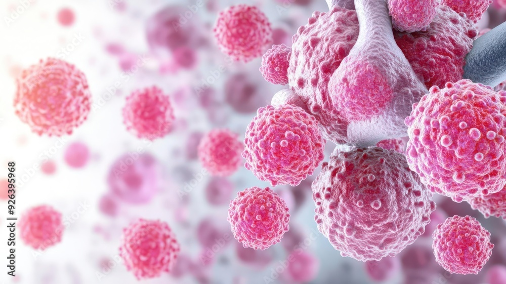 Lung cancer cells under a microscope, highly magnified, scientific imagery, lung cancer, diagnosis and research Lung cancer cells under a microscope, highly magnified, scientific imagery, lung cancer, diagnosis and research