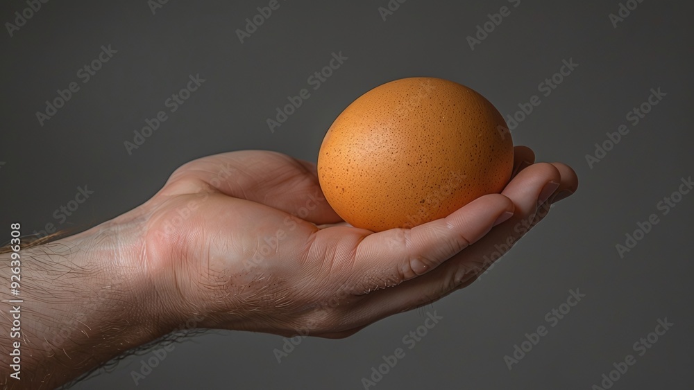 Studio Photography of a Man's Hand Holding an Egg, Balancing It Between Fingertips Against a Neutral Grey Background - Focus on Food, Vitamins, and Protein Studio Photography of a Man's Hand Holding an Egg, Balancing It Between Fingertips Against a Neutral Grey Background - Focus on Food, Vitamins, and Protein
