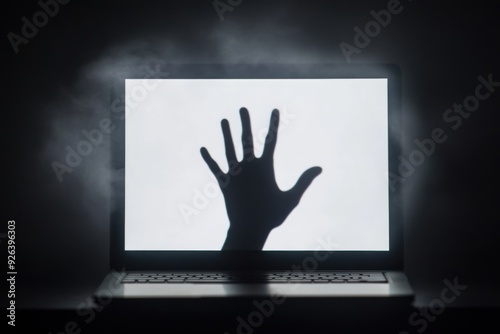 A hand reaching out from a laptop screen, symbolizing the invasive and harmful nature of cyberbullying, with the victim's silhouette in the foreground
