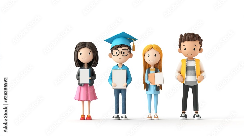 Four diverse cartoon students holding certificates, celebrating graduation or achievement. Four diverse cartoon students holding certificates, celebrating graduation or achievement.