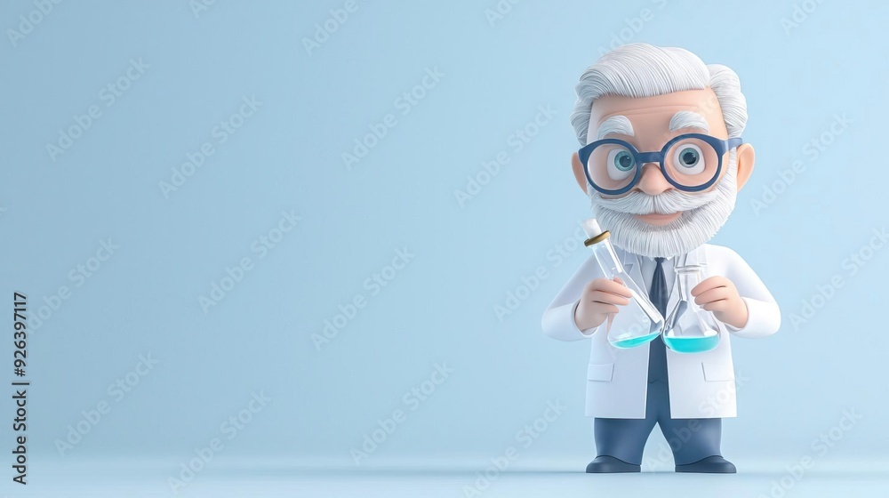 Cartoon scientist holding a beaker and test tube, isolated on blue background. Cartoon scientist holding a beaker and test tube, isolated on blue background.