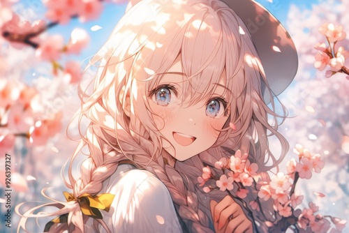 Spring Blossoms: A Close-Up of an Anime Girl Embracing the Vibrant Spirit of Spring in a Stylish Anime Aesthetic, storybook illustrations, comic strips, book illustrations and picture books,Abstract c photo