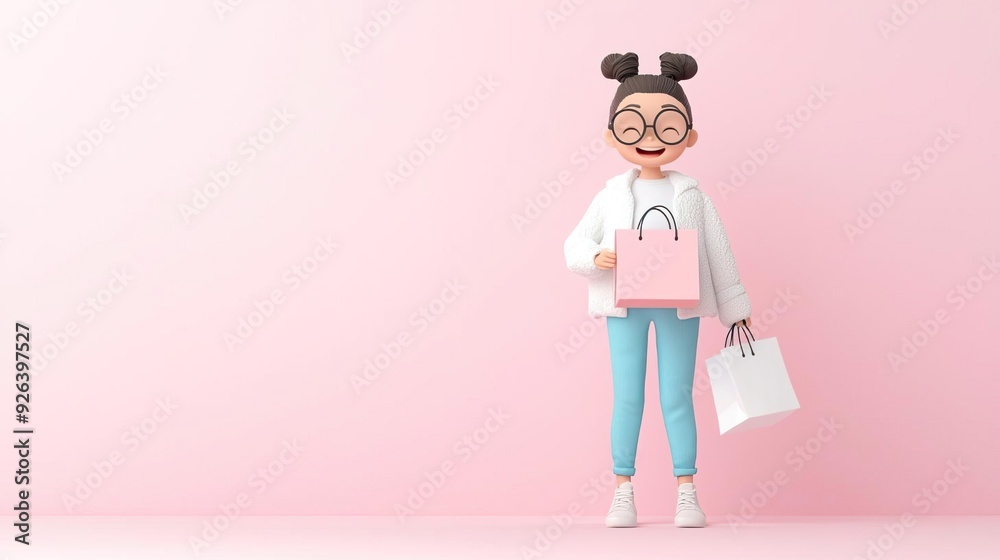 Happy cartoon girl holding shopping bags on a pink background. Happy cartoon girl holding shopping bags on a pink background.