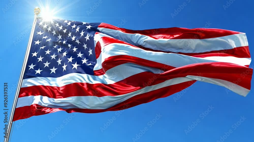 A large American flag is flying in the sky. The flag is red, white, and ...